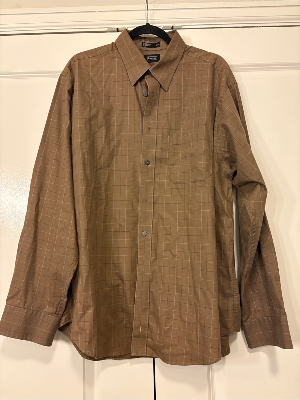 Haggar Men's Tan Brown Windowpane Long-Sleeve Dress Shirt